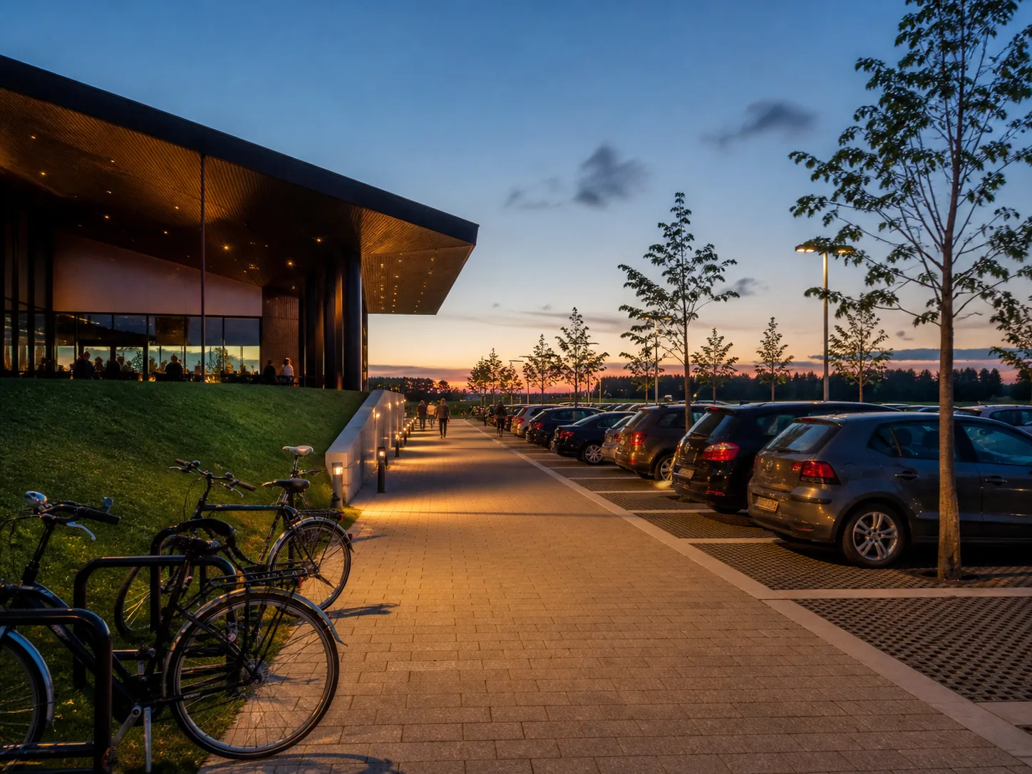 Redactionele visualisatie van een verlicht parkeerterrein